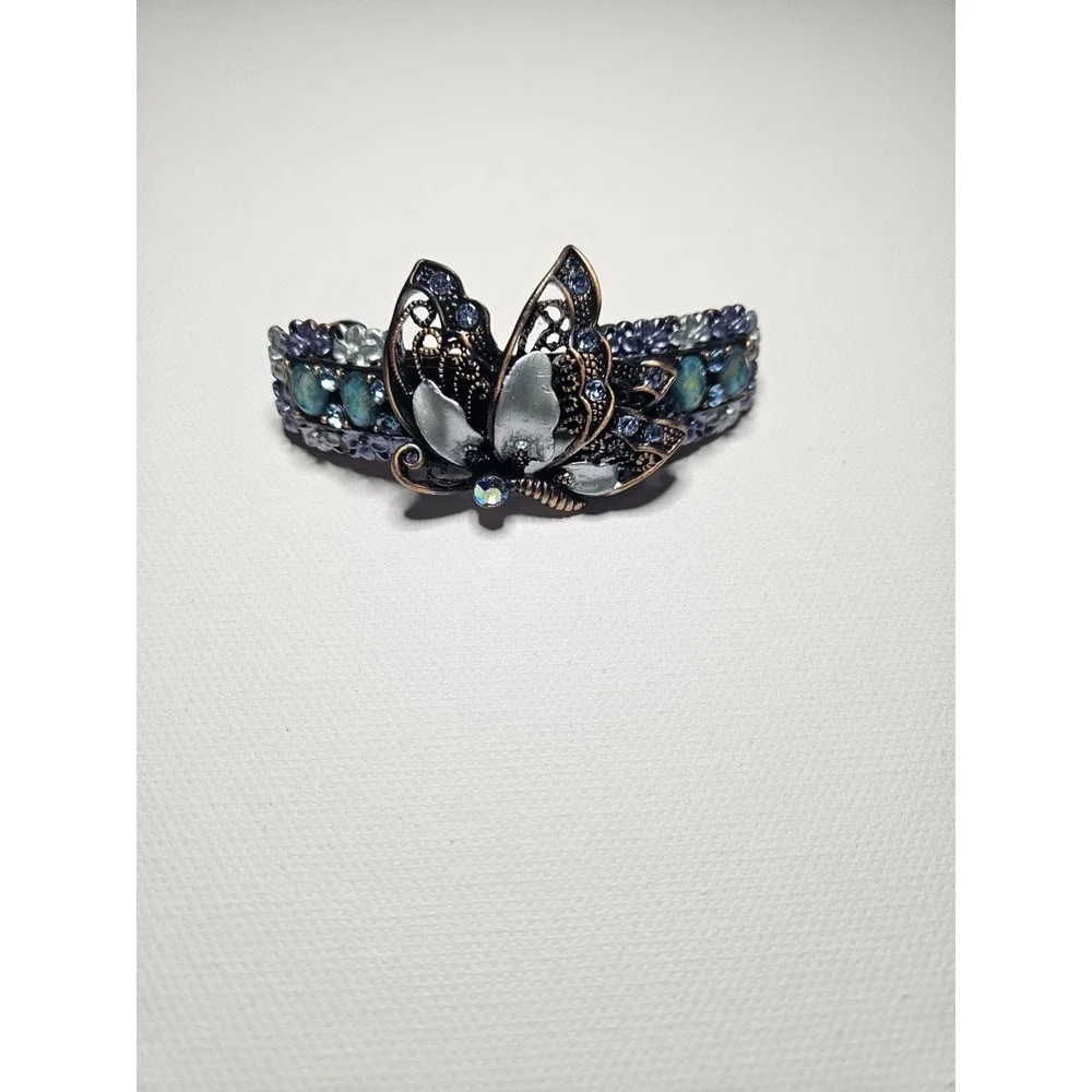 Blue Butterfly Hair Barrette Crystal Enamel Copper Floral Filigree Clip Women